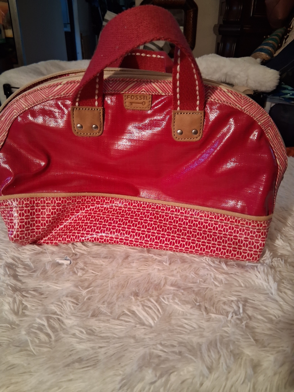Fossil Red Patterned Travel Satchel with Tan Trim Cal Out Hook For Zipper Pull